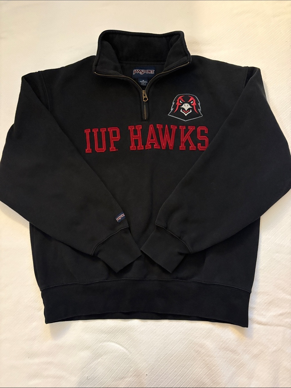 Vintage Jansport Black Quarter-Zip Sweatshirt Crimson  Hawks IUP